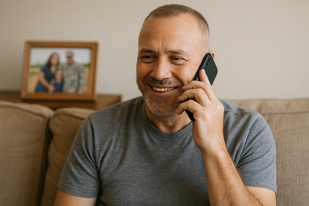 Veteran at home using a donated phone to connect with family