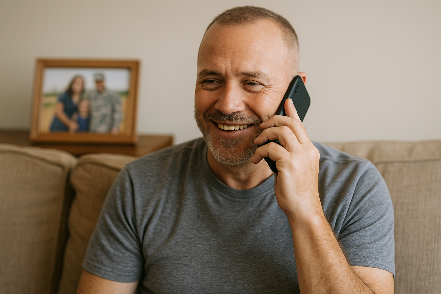 Veteran at home using a donated phone to connect with family